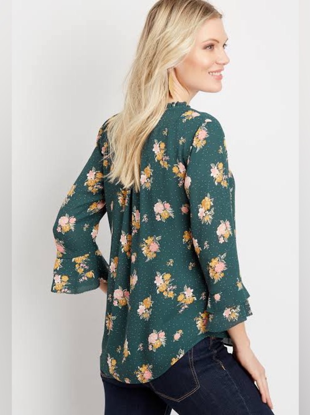 Maurice’s Women’s Dark Green Floral Ruffle V-neck Long Sleeve Blouse